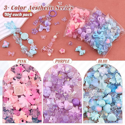 Assorted Acrylic Beads, 130-180PCS 3 Mixed Colors Cute Beads for Bracelet Making, GummyBear Bow Flower Kawaii Charms for Jewelry Making DIY Necklace Keychain Phone Charm Christmas Gift