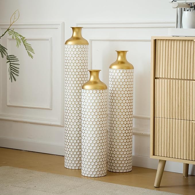 Floor Vases, Tall Home Decor Metal Vase Set of 3 Large Glazed Decorative Vases for Wedding Decor, Elegant Modern Flower Holder for Living Room, Entryway, Hallway, Dining Room