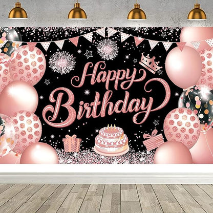YinQin 180x120 cm Black Rose Golden Happy Birthday Party Photography Backdrops Cloth 71x47 inch Rose Gold Photo Backgrounds Glitter Pink Gold Happy Birthday Sign Banner Decorations for Women Girl