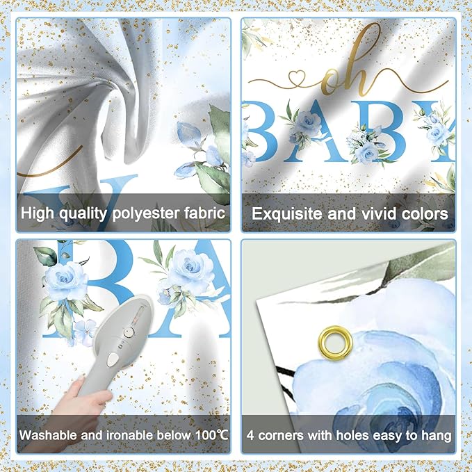 Mocsicka Oh Baby Backdrop Blue Floral Baby Shower Banner for Boys Party Decorations Photo Booth Props (Blue, 7x5ft)