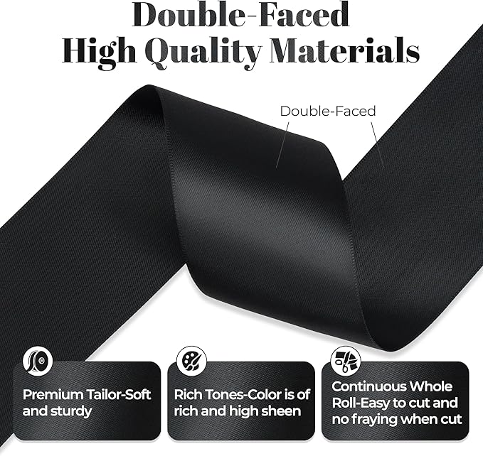 Premium Double Faced Satin Ribbon, 2 Inch x 25 Yards, Black, Perfect for Gift Wrapping, Wedding Decor, Crafts, Sewing, Fade-Resistant