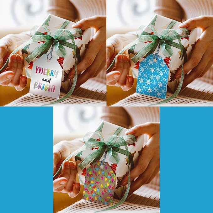 Pro Supply Global 24 Count of 2.5 Inch x 3 Inch Pre Strung Chirstmas Lights Gift Tag Assorted Printed Designs on Large Cardstock Gift Hang Tags - Ideal to Use on Bags