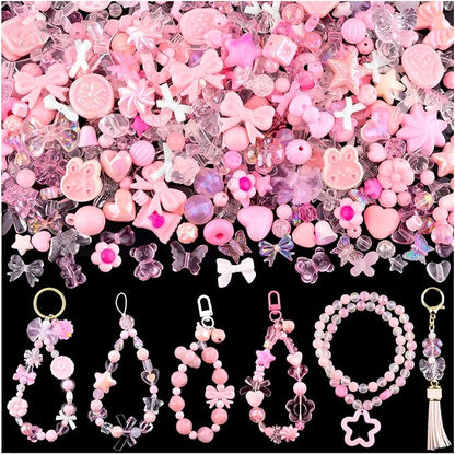 Assorted 200-260PCS Pink Acrylic Beads for Bracelet Making, Flower Bow Candy GummyBear Bracelet Charms,Cute Beads for Jewelry Making DIY Necklace Keychain Phone Charm Christmas Gift
