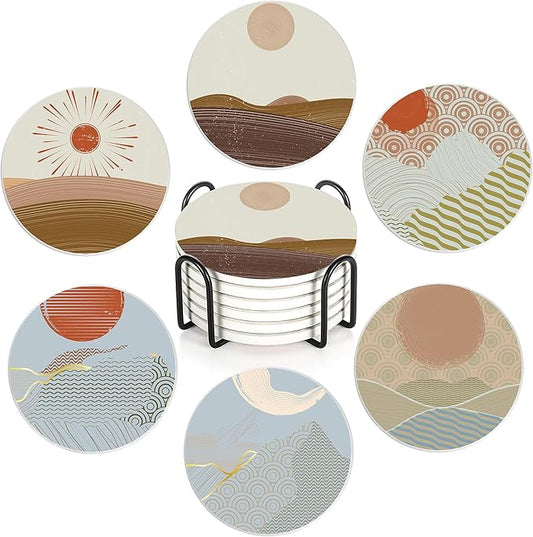 Drink Coasters with Holder,6 Pcs Japanese Style Sun Landscape Coffee Cup Mat with Storage Holder, Durable Ceramic Coaster Set for Hot & Cold Beverages