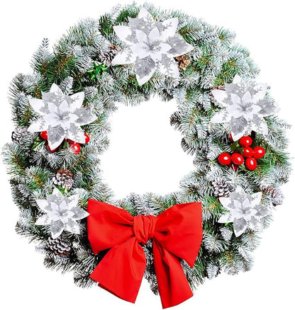 36 Pcs Christmas Glitter Artificial Poinsettia Flowers Xmas Poinsettia Artificial Wedding Flowers Decorations Xmas Tree Ornaments with Clips for Party, 6 Inch, 4 Inch, 3 Inch(Silver and White)