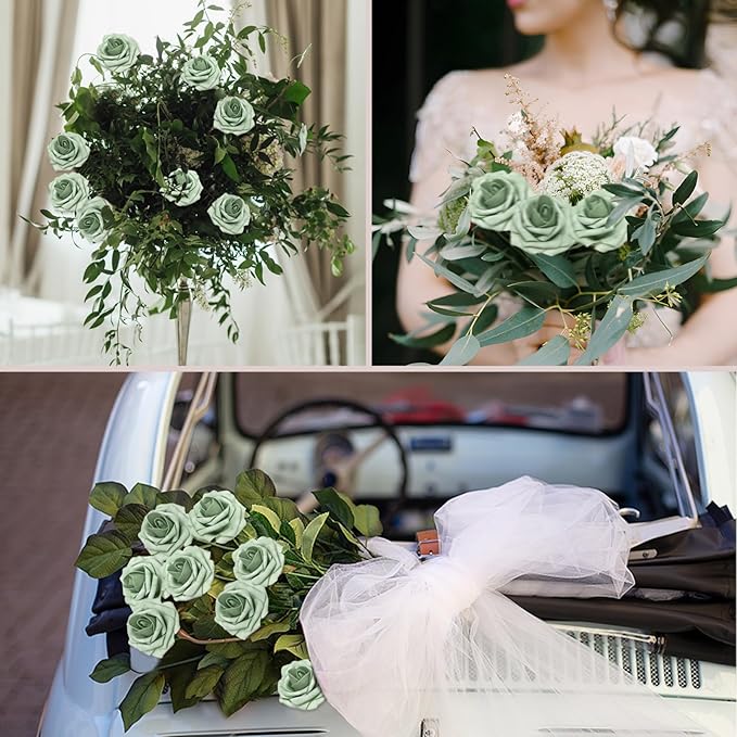 100PCS Elf Green Artificial Flowers Roses Real Looking Foam Fake Roses with Leaves for DIY Wedding Bouquets Bridal Shower Party Decorations (Elf Green, 100)