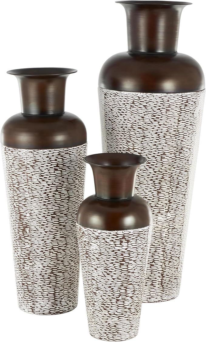 Deco 79 Metal Decorative Vase Tall Spotted Tapered Floor Centerpiece Vases with Brown Trumpet Tops, Set of 3 Flower Vases for Home Decoration 18", 39", 28" H, White