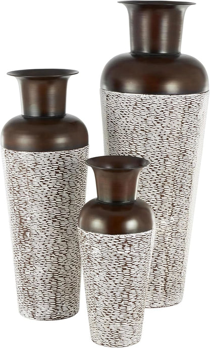 Deco 79 Metal Decorative Vase Tall Spotted Tapered Floor Centerpiece Vases with Brown Trumpet Tops, Set of 3 Flower Vases for Home Decoration 18", 39", 28" H, White