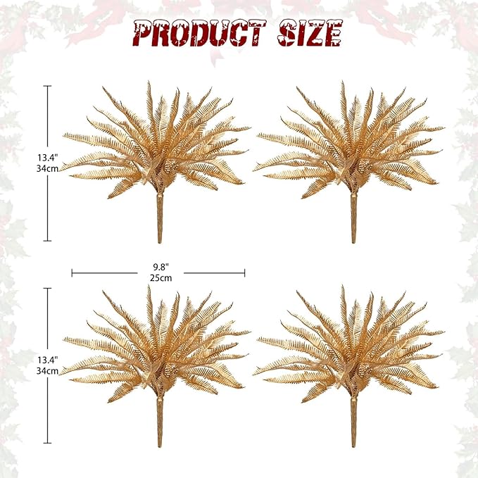 Artificial Gold Ferns Christmas Spray Fake Leave Flower Plant 4 Pcs Faux Floral Boho Decor for Thanksgiving Christmas Wedding Party Bouquet Home Farmhouse Vase Centerpieces