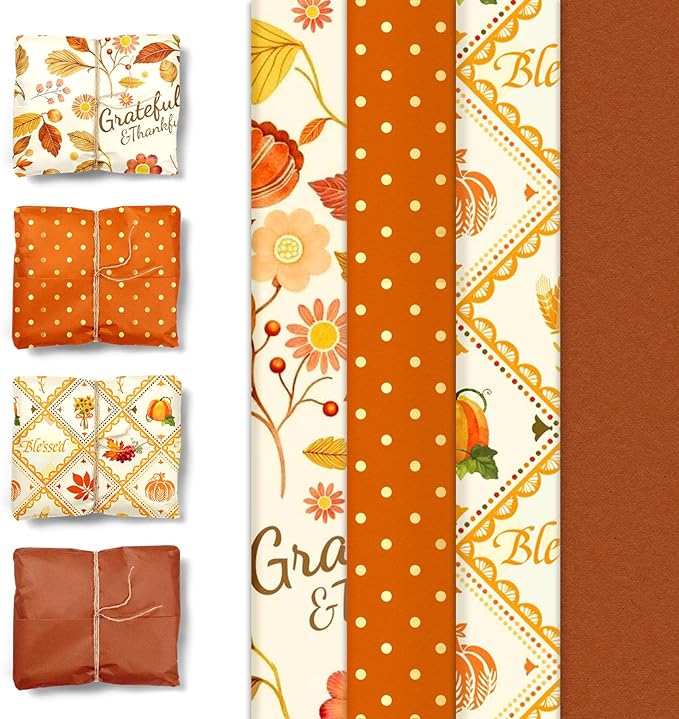 Aobkiat Fall Thanksgiving Tissue Paper for Gift Bags,24 Sheets Pumpkin Maple Leaf Design Paper,Orange Wrapping Craft Paper for DIY, Autumn Harvest Present Packaging,15 x 20 Inch