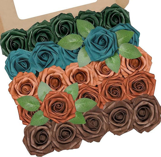 Artificial Flowers, 25pcs Artificial Rose for DIY Wedding Bouquets Centerpieces Arrangements,Teal Green Terracotta Brown Foam Roses with Stem for Party Home Decorations