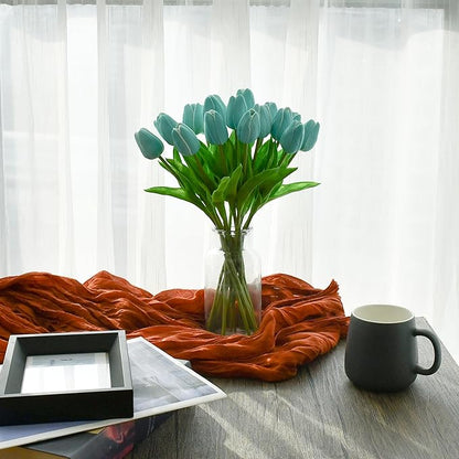 Mandy's Artificial Tulips 20 Stems Robin Egg Blue PU Faux Flowers for Thanksgiving and Christmas Decorations Wedding Home Decor 13.5 Inch