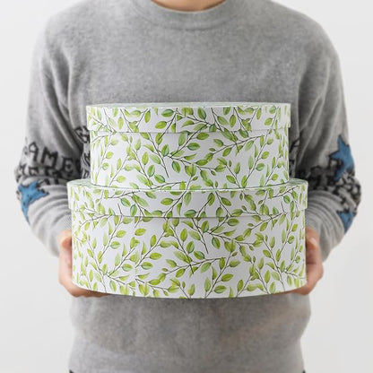 Soul & Lane Oblong Decorative Cardboard Storage Boxes with Lids, Set of 2 Botanical Green and White Keepsake Memory Boxes, Oval Nesting Paperboard Storage for Gifts, Lovely Leaves