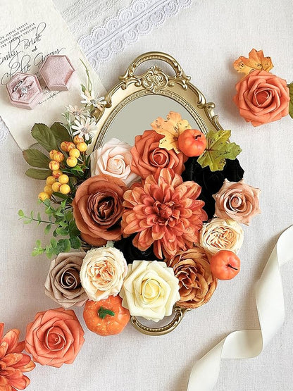 Roses Artificial Flowers Fall Orange Black Bouquet Box Set for DIY Halloween Wreath Autumn Wedding Bridal Shower Decorations Party Table Centerpieces Fake Floral Arrangement Home Decor Indoor