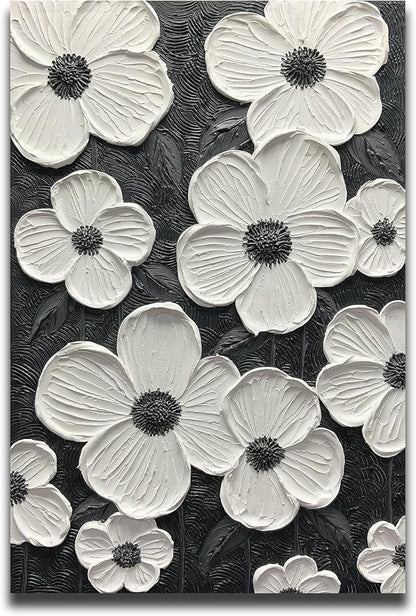 moshinart 24 x 36in Hand-Painted Oil Painting 3D Texture Black White Grey Modern Minimalist Black Abstract Wall Art, Home Office Wall Decoration Petal
