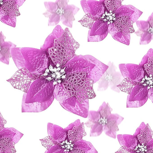 WILLBOND 36 Pieces Christmas Poinsettia Glitter Faux Flowers Christmas Artificial Flowers Tree Ornaments Topper Xmas Decorations(Light Purple)