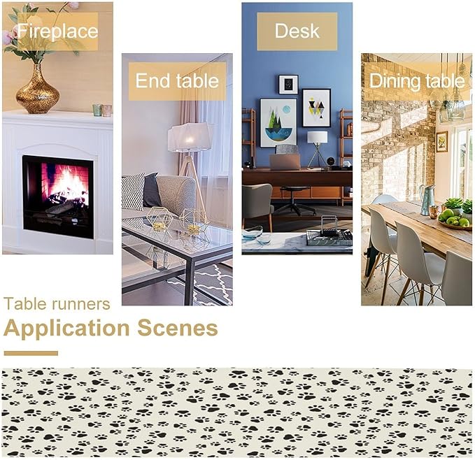 Dog Paws Table Runner,Cartoon Cute Black White Animal Footprints Abstract Tablecloth Burlap for Hotel Indoors Outdoor Dining Room Kitchen Home Decor,W13X L90 in