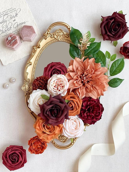 Roses Artificial Flowers Orange Bouquet Box Set Fake Flower with Stems for DIY Bridal Wedding Shower Decorations Party Table Centerpieces Faux Silk Floral Arrangement for Home Decor Indoor