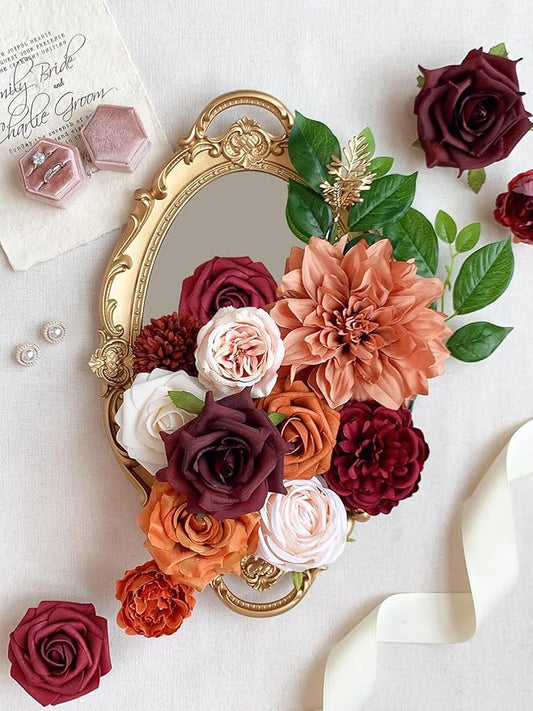 Roses Artificial Flowers Orange Bouquet Box Set Fake Flower with Stems for DIY Bridal Wedding Shower Decorations Party Table Centerpieces Faux Silk Floral Arrangement for Home Decor Indoor