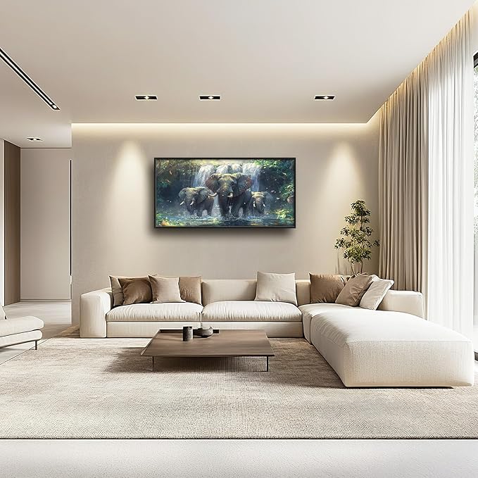 Large Elephant Wall Art for Living Room, Framed Oversized Forest Waterfall Wall Decor, Nature Landscape Canvas Painting Wildlife Artwork for Living Room Dining Room Bathroom Bedroom Office 60"x30"