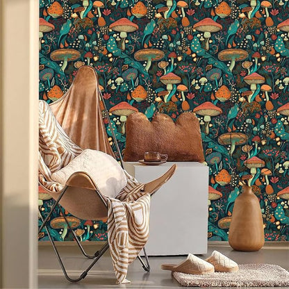 Dark Green/Brown/Teal Blue Mystical Forest Mushroom Peel and Stick Wallpaper Easy Peel Off Contact Paper Stick on Adhesive Wall Paper for Bathroom Waterproof Renter Friendly