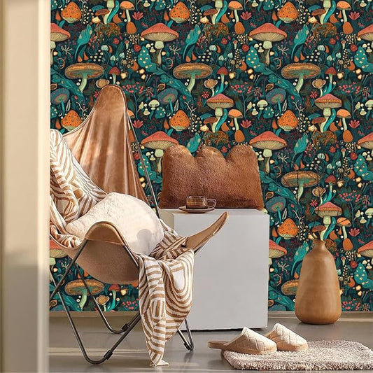 Dark Green/Brown/Teal Blue Mystical Forest Mushroom Peel and Stick Wallpaper Easy Peel Off Contact Paper Stick on Adhesive Wall Paper for Bathroom Waterproof Renter Friendly