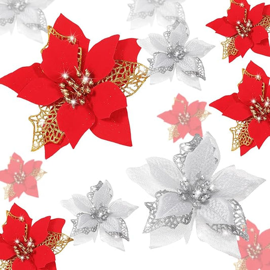 Boao 24 Pieces Christmas Artificial Glitter Poinsettia Flowers Xmas Flowers Wedding Christmas Tree New Year Ornaments(Red and Silver)