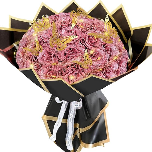 Gold Rose Glitter Roses Bouquet, 24 Pcs Shiny Glitter Flowers Bouquet, Everlasting DIY Artificial Roses Bouquet for Christmas, Birthday, Anniversary, Wedding, Engagement,Mothers Day,Gifts