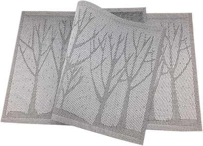 Gugrida Place Mats PVC Set of 6, Table Placemats Set of 6 PVC Woven Vinyl Place Mats Table Mats Natural Color (6 pcs, Silver Tree)