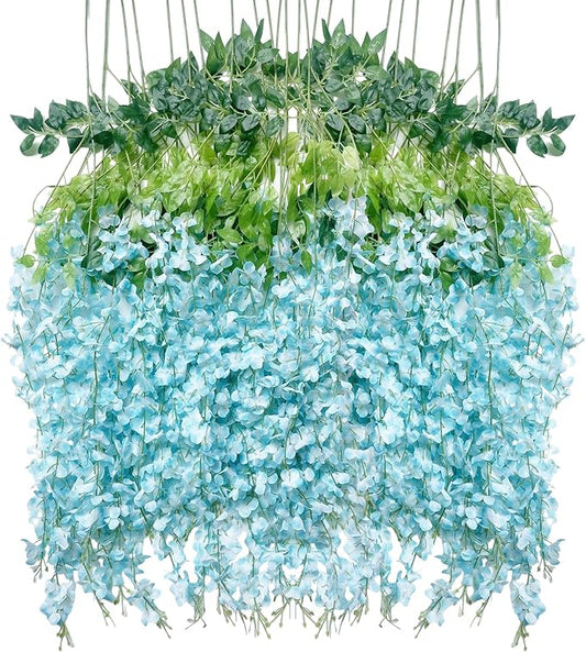 Artificial Wisteria Hanging Flowers Fake Wisteria Flower Garland Silk Vines Rattan Decor for Home Wedding Arch Wall Garden Greenery Bedroom Outdoor Office Party Decoration (12, Blue)