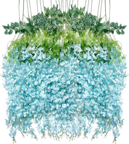 Artificial Wisteria Hanging Flowers-Fake Wisteria Flower Garland Silk Vines Rattan Decor for Home Wedding Arch Wall Garden Greenery Bedroom Outdoor Office Party Decoration(24, Blue)