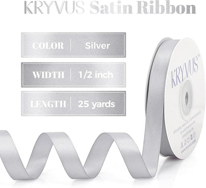 Silver Satin Ribbon, Double Faced 1/2 Inch X 25 Yards Silver Ribbon, Premium Satin Ribbon for Gift Wrapping, Crafts, Hair Bow Making, Sewing, Flower Bouquet, Wedding Party Decor