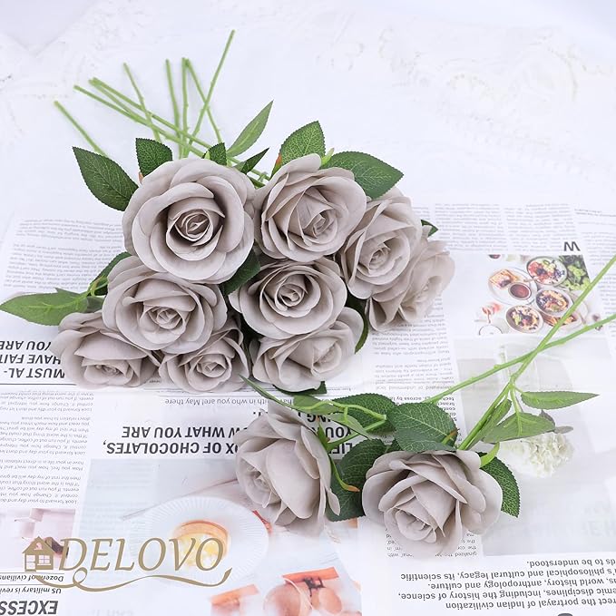 52pcs Grey Roses Artificial Flowers Fake Flowers Silk Roses with Stems for DIY Wedding Bouquets Bridal Shower Centerpieces Arrangements Party Decorations