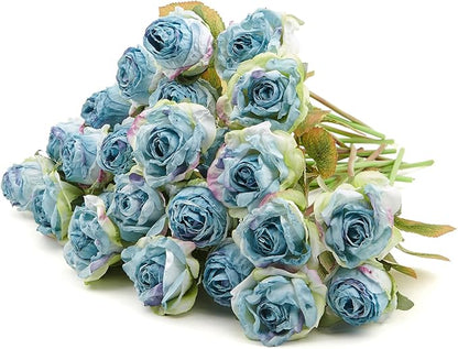 Rose Artificial Flower 28pcs Realistic Faux Silk Roses Fake Flowers Bouquets Arrangements Decor for Wedding Spring Mother's Day, Home Table Decorations, Blue Flower