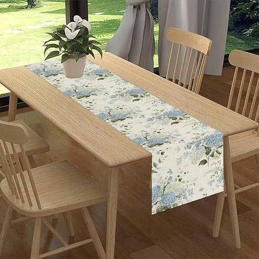 Blue Floral Table Runner, Spring Summer Watercolor Hydrangea Flower Butterfly Country Farmhouse Coffee Table Center Decor for Home Kitchen Dining Patio Holiday Party Table Decorations 13x108 inches