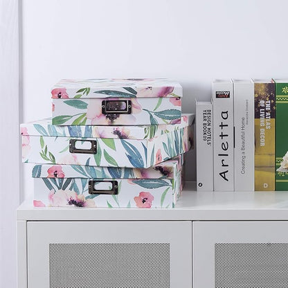 Soul & Lane Decorative Cardboard Storage Boxes With Lids for Home Décor, Set of 3 Floral Photo and Letter Box Set, Nesting Paperboard Storage for Scrapbook Paper, Keepsakes, Memories