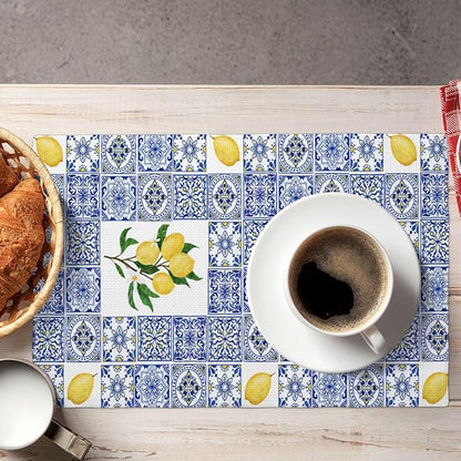 Lemon Table Placemats Set of 4 Blue Tile Print Linen Placemats for Indoor Outdoor Party Home Desktop Kitchen Dining Room Decor 12x18 Inch