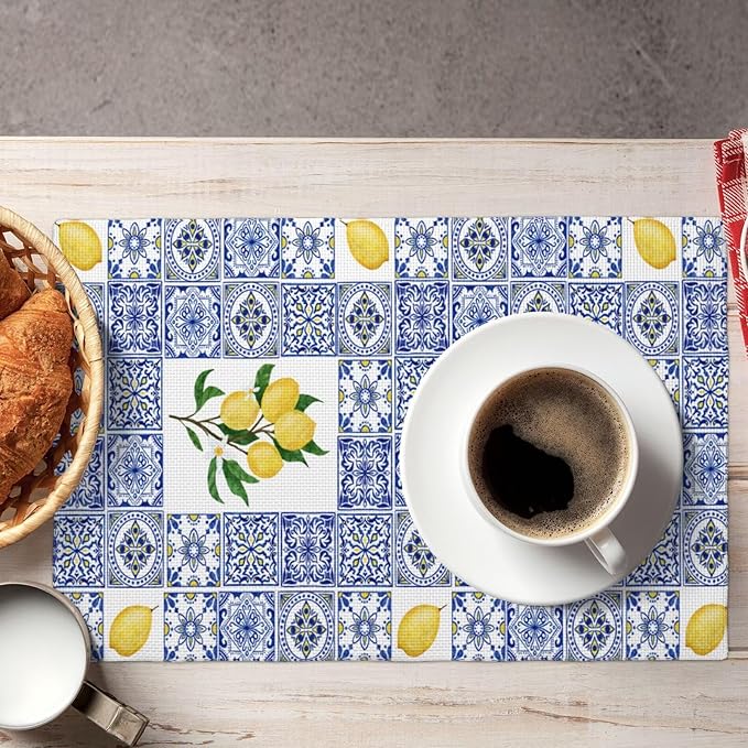 Lemon Table Placemats Set of 6 Blue Tile Print Linen Placemats for Indoor Outdoor Party Home Desktop Kitchen Dining Room Decor 12x18 Inch