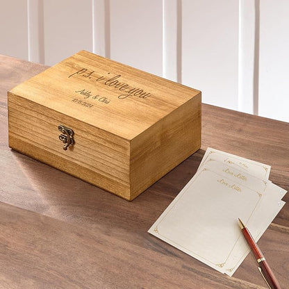 Let's Make Memories Personalized Wooden Keepsake Box With Hinged Lid - Wood Memento Box - Decorative Storage - Home Decor - For Couples, Wedding, Newlyweds - Laser Engraved - Love Letters