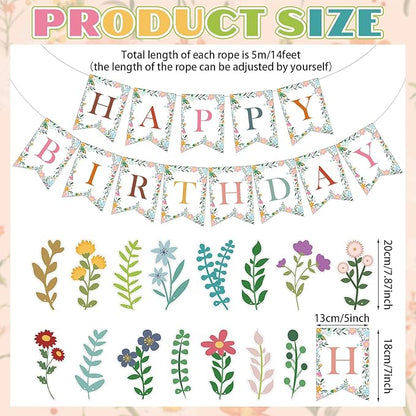 XunYee 3 Pcs Wildflower Birthday Decoration Flower Happy Birthday Banner Boho Wildflower Happy Birthday Banner Garland Flower Hanging Decorations Birthday Party Decorations for Girls Women
