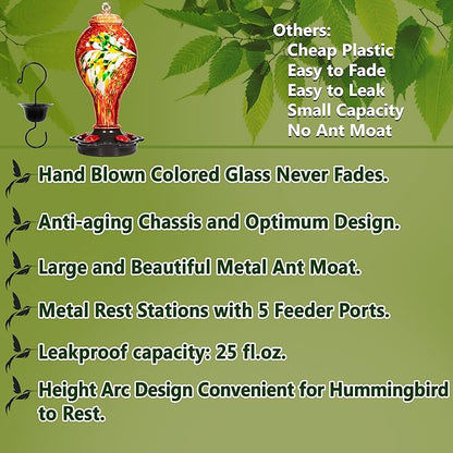 LUJII Hummingbird Feeder for Outdoors, Hand Blown Glass Humming Bird Feeder, Anti Fade Leakproof with 25 Ounces Nectar Capacity, Easy to Install Clean Refill, Include Hook & Ant Moat (Red)