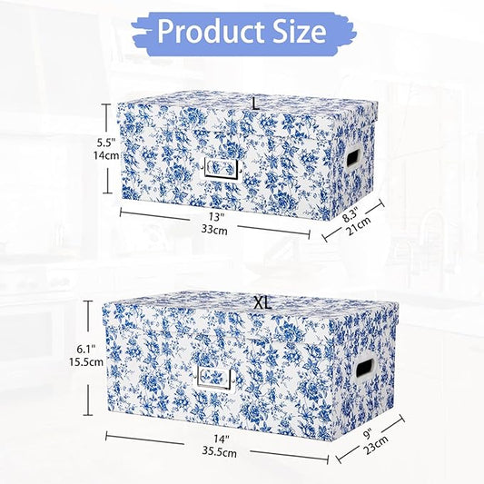 Briful Set of 2 Blue and White Porcelain-Style Storage Boxes with Lids – Elegant Floral Nesting Organizer Bins, 14'' + 13'' Set Decorative Cardboard Gift Boxes for Home or Office Use