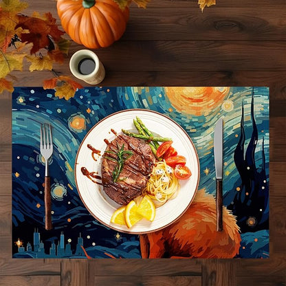 Starry Night Cat Placemats Set of 6,Washable Heat Resistant 12×18 Inch Linen Table Mats Cute Place Mats for Party Outdoor Dining Décor