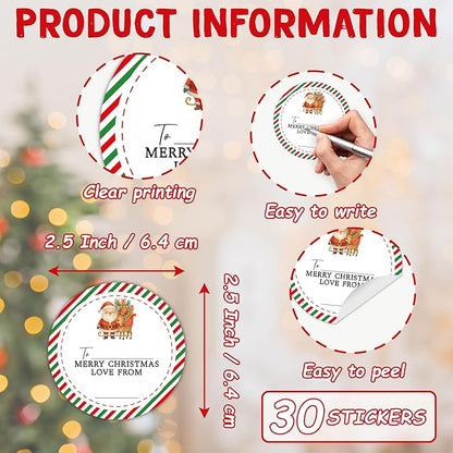 Merry Christmas Gifts Tags Stickers from Santa, 30 Pcs Christmas Name Tags for Gifts, 2.5x2.5 Inch Holiday Presents Sticker Labels, Festive Chrismas Name Tag for Wrapping Bags Classroom-D10