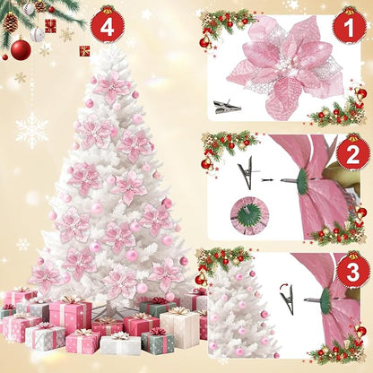 24 Pcs Christmas Poinsettia Flowers Artificial with Clips, 5.9" Christmas Decor Glitter Poinsettia Flowers for Christmas Tree New Year Wedding Party Wreath DIY Garland Decor (Pink)