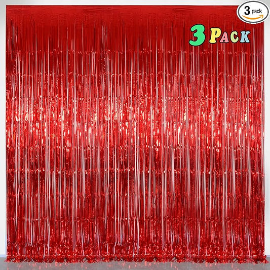 Foil Fringe Curtains Christmas Decorations - Melsan 3 Pack 3.2 x 8.2 ft Tinsel Curtain Party Photo Backdrop for Birthday Party Baby Shower or Graduation Decorations (Pure red)
