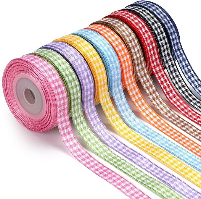 LaRibbons 10 Color 100 Yards Gingham Ribbon Variety Pack, 3/8" X 10 Yards/Roll Assorted Spring Easter Plaid Ribbon for Crafts, Gift Wrapping, Hair Bows, Birthday, Babyshower Decoration