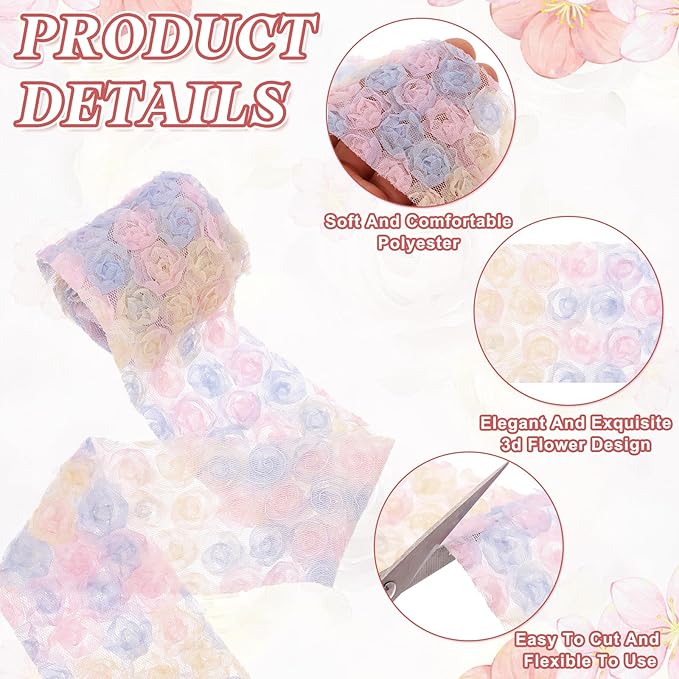 uxcell 2PCS Lace Trim Ribbon, 2.36 inch - 1 Yard 3D Rose Floral Embroidery Ribbons Edge Trimming for Sewing, Wedding Dress, DIY Crafts, Decoration Accessories, Color Pink