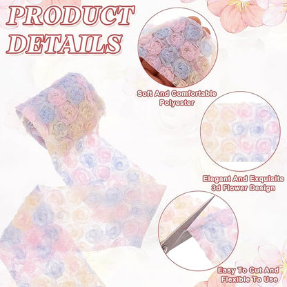 uxcell 2PCS Lace Trim Ribbon, 2.36 inch - 1 Yard 3D Rose Floral Embroidery Ribbons Edge Trimming for Sewing, Wedding Dress, DIY Crafts, Decoration Accessories, Color Pink