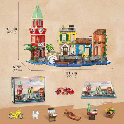 Venice Main Street Building Set for Adults, 2155 PCS City House Building Block Kit with Light Flower Shop Pizzeria, Christmas Home Decor Architecture Model Gift for Women Men Teen Girl 10+